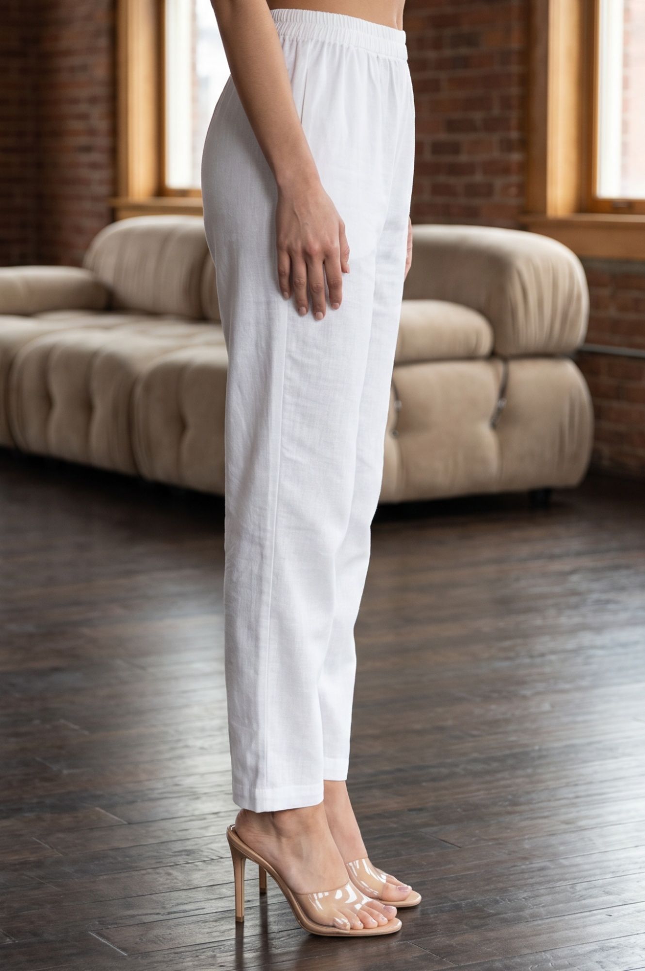 White Solid Cotton Flax Straight Fit Ankle Length Pants