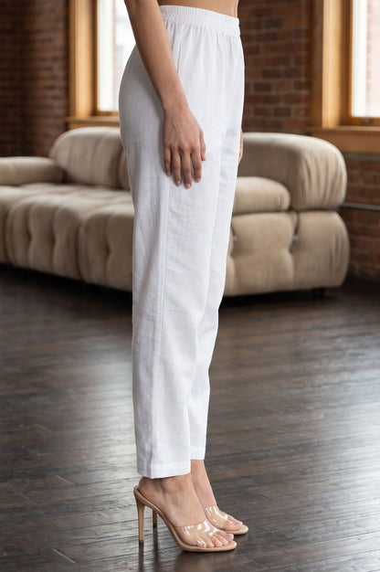 White Solid Cotton Flax Straight Fit Ankle Length Pants