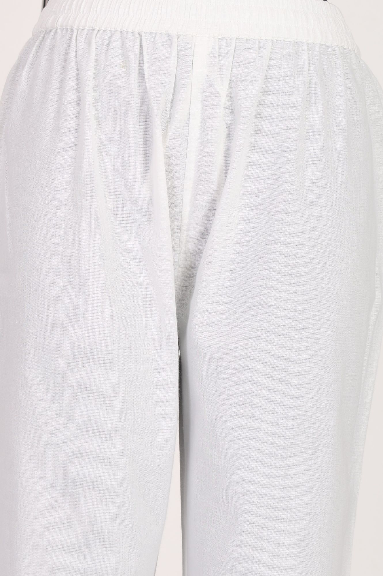 White Solid Cotton Flax Straight Fit Ankle Length Pants