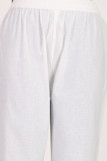 White Solid Cotton Flax Straight Fit Ankle Length Pants