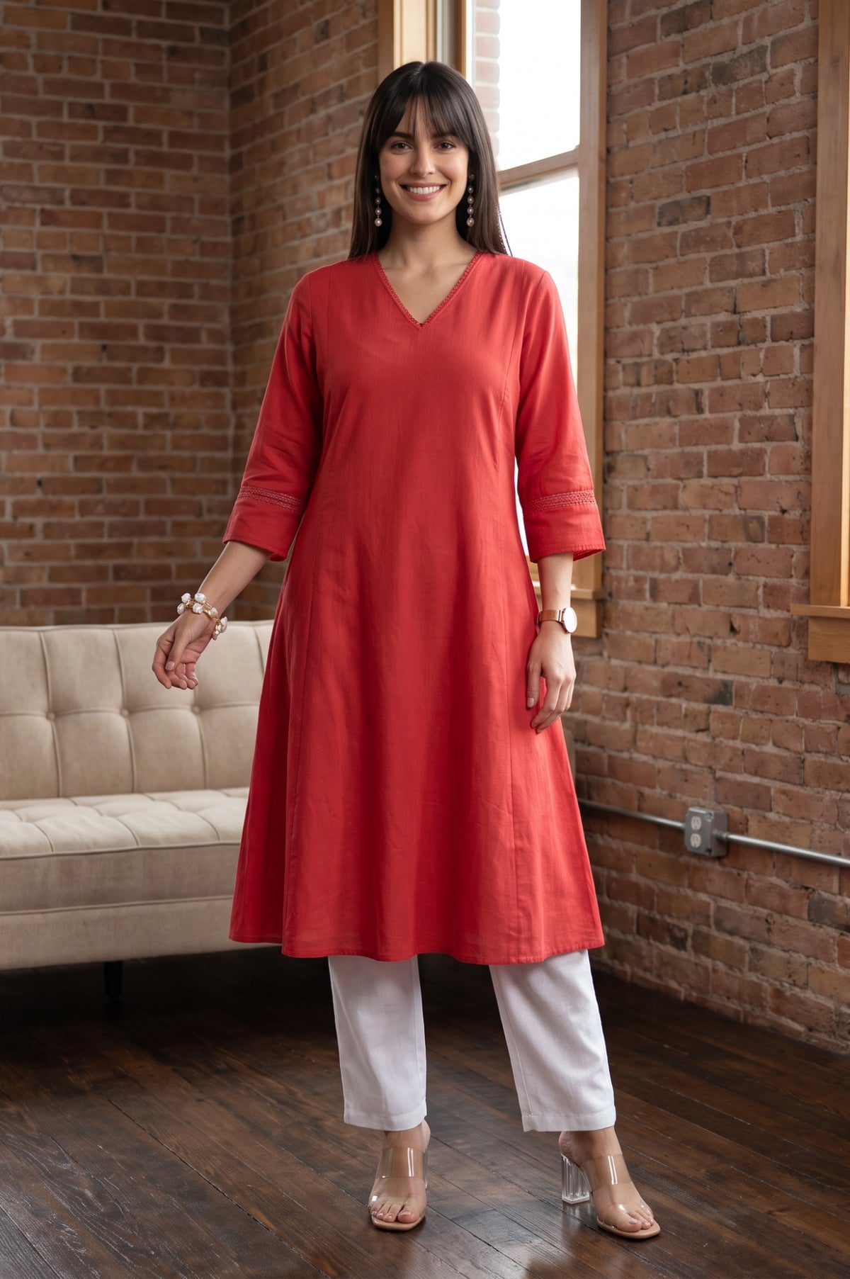 Solid Cotton Flax Straight Fit Crop Mid Rise Pants