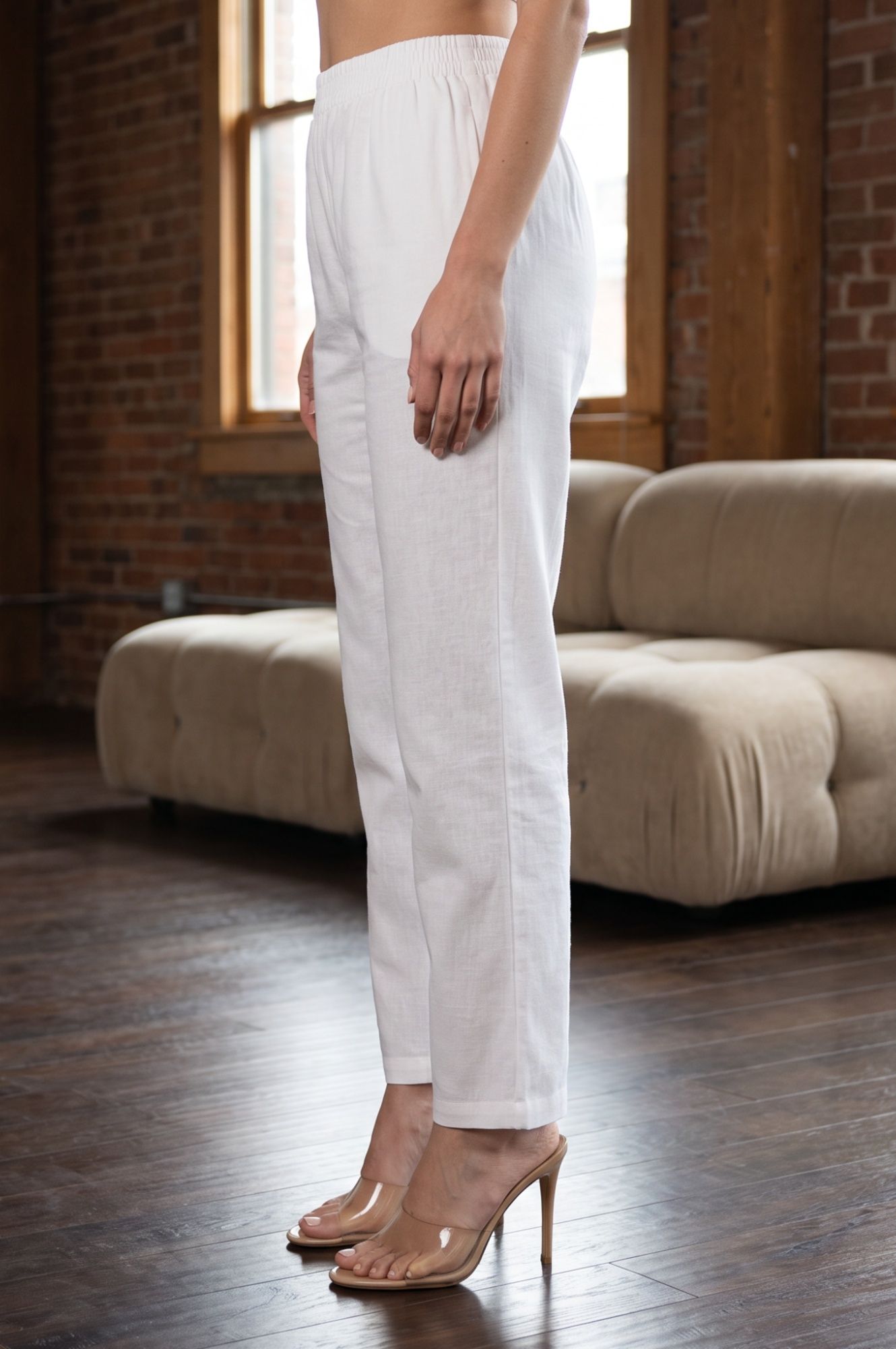 White Solid Cotton Flax Straight Fit Ankle Length Straight Pants