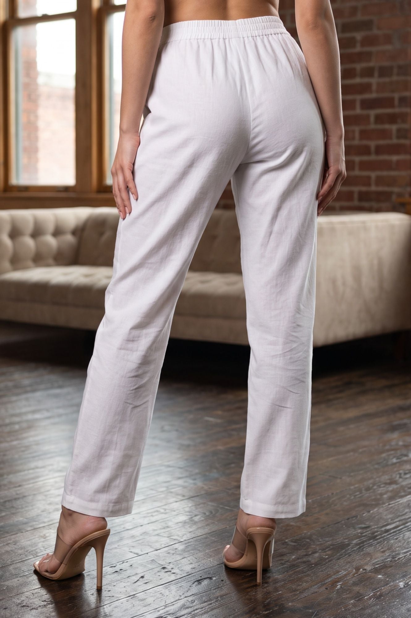 White Solid Cotton Flax Straight Fit Ankle Length Straight Pants