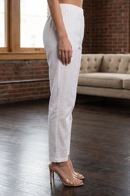 White Solid Cotton Flax Straight Fit Ankle Length Straight Pants