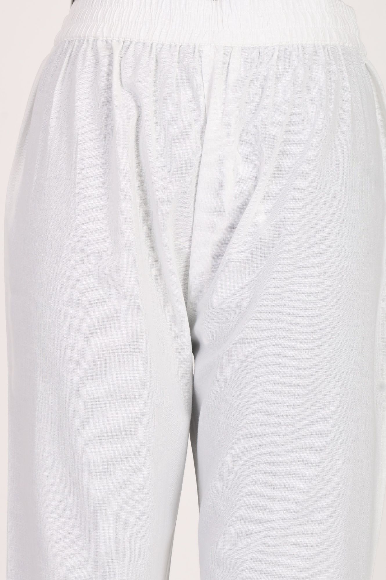 White Solid Cotton Flax Straight Fit Ankle Length Straight Pants