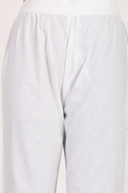 White Solid Cotton Flax Straight Fit Ankle Length Straight Pants