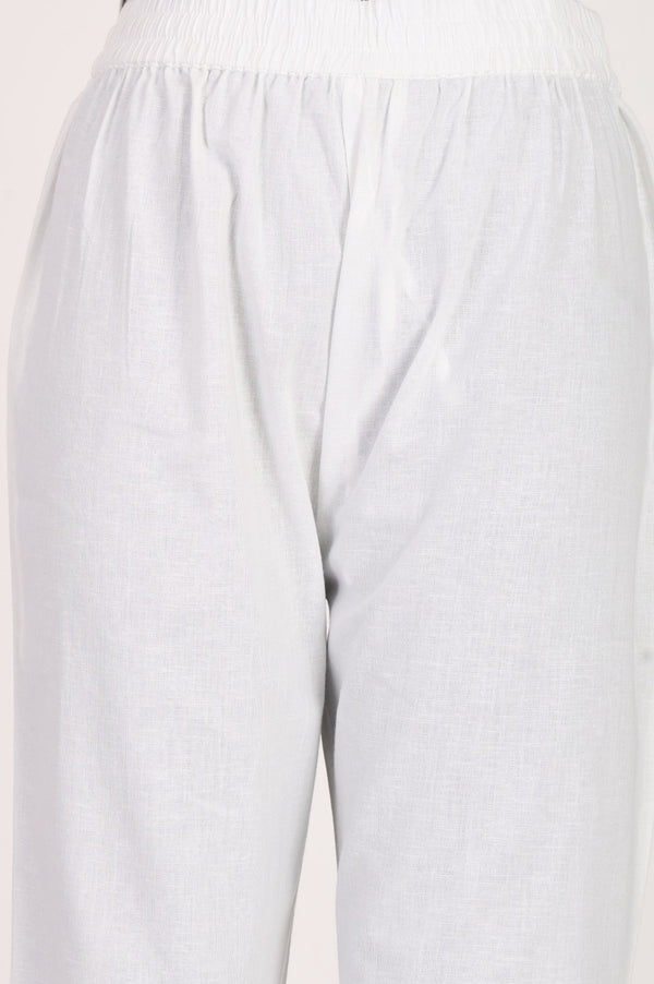 White Solid Cotton Flax Straight Fit Ankle Length Straight Pants