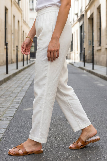 Off White Cotton Flax Straight Fit Mid Rise Pants