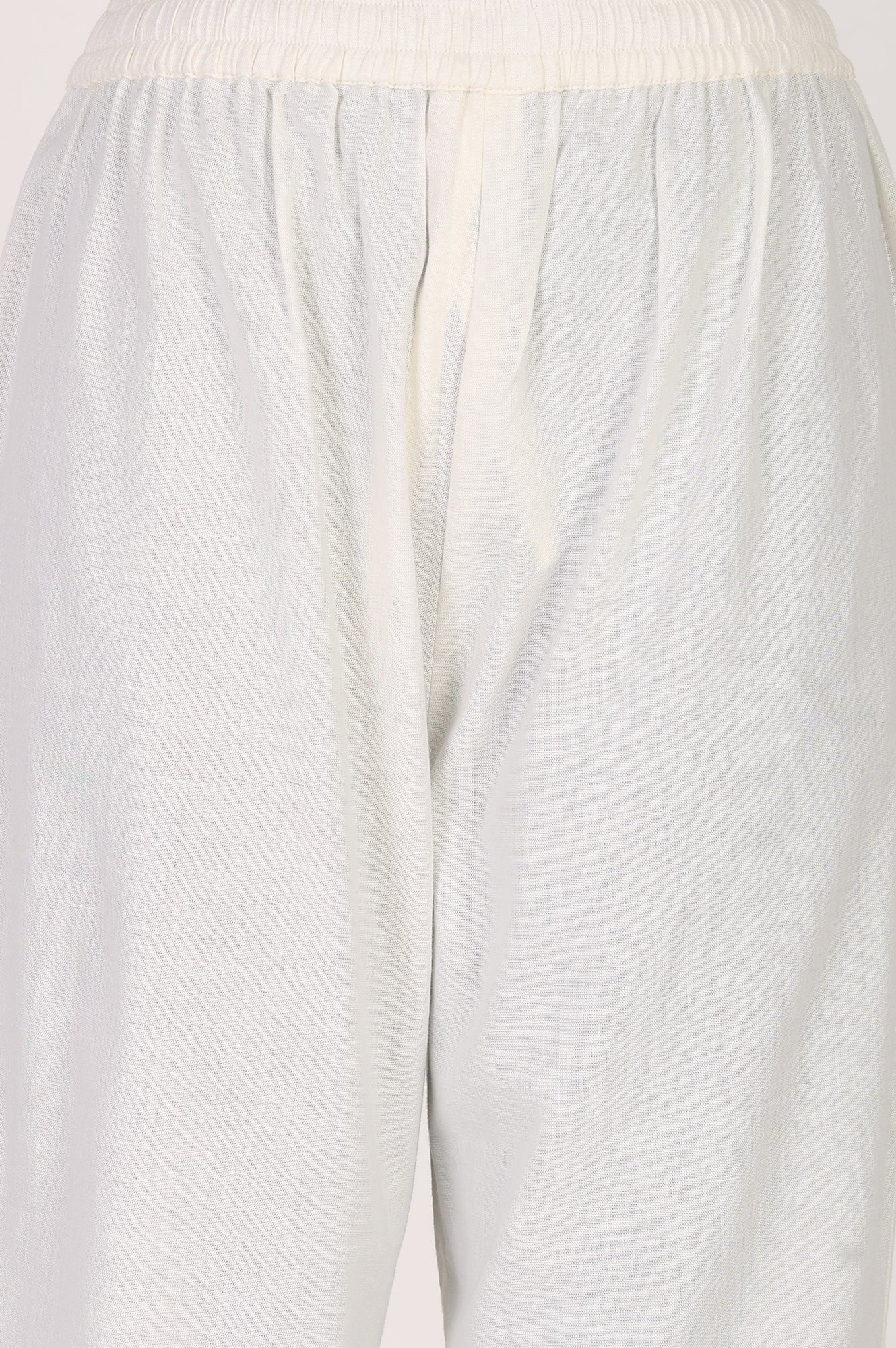 Off White Cotton Flax Straight Fit Mid Rise Pants