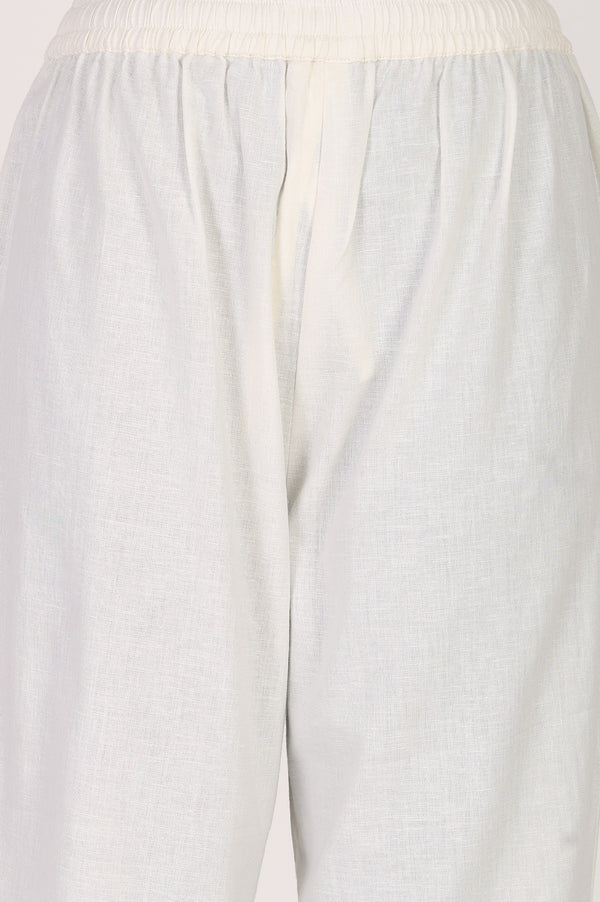 Off White Cotton Flax Straight Fit Mid Rise Pants
