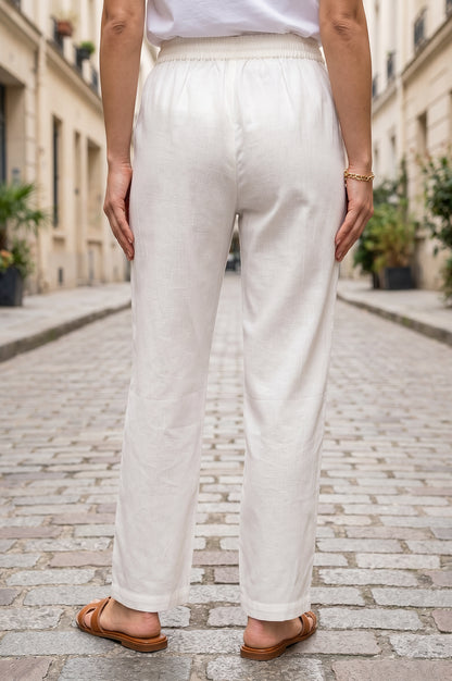 Off White Cotton Flax Straight Fit Mid Rise Pants