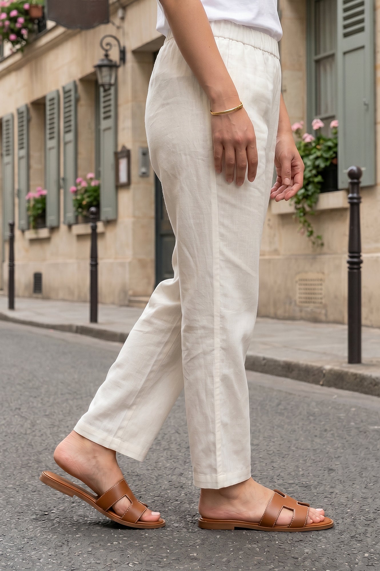 Off White Cotton Flax Straight Fit Mid Rise Pants