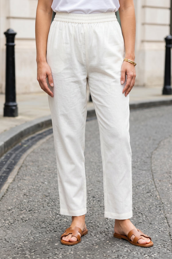 Off White Cotton Flax Mid Rise Straight Pants