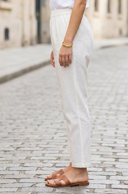 Off White Cotton Flax Mid Rise Straight Pants