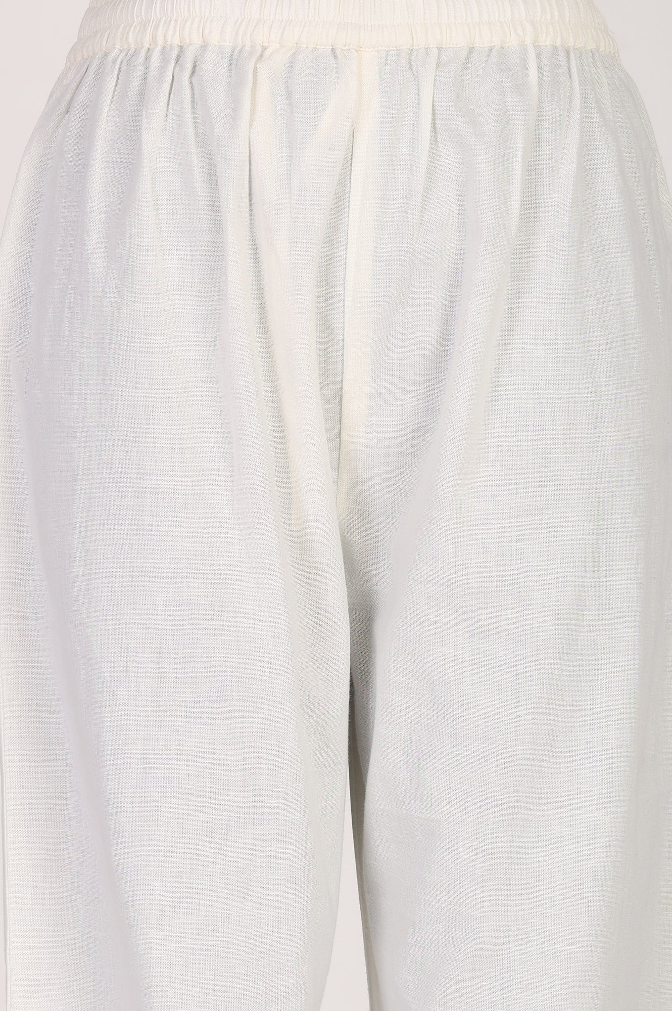 Off White Cotton Flax Mid Rise Straight Pants