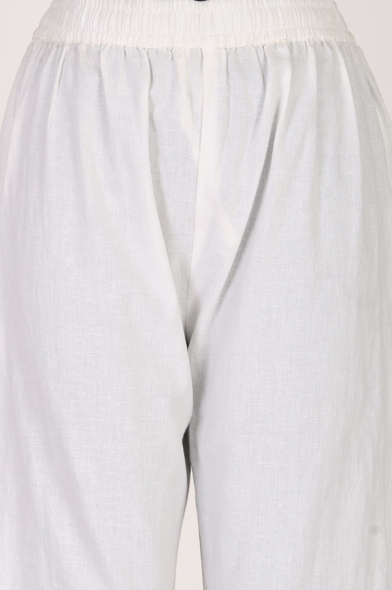 White Solid Buttons Cotton Flax Straight Fit Crop Mid Rise Straight Pant