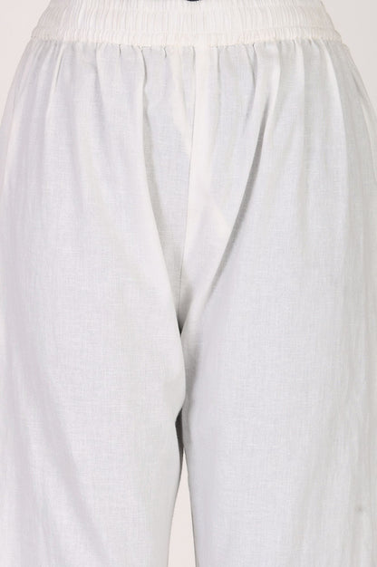 White Solid Buttons Cotton Flax Straight Fit Crop Mid Rise Straight Pant