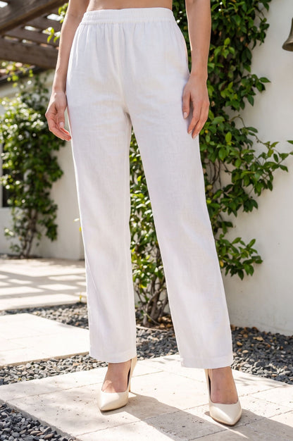 White Solid Cotton Flax Straight Fit Ankle Length Straight Pants