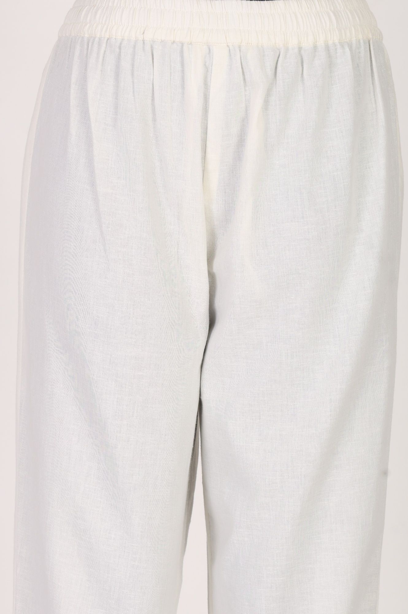 White Solid Cotton Flax Straight Fit Ankle Length Straight Pants