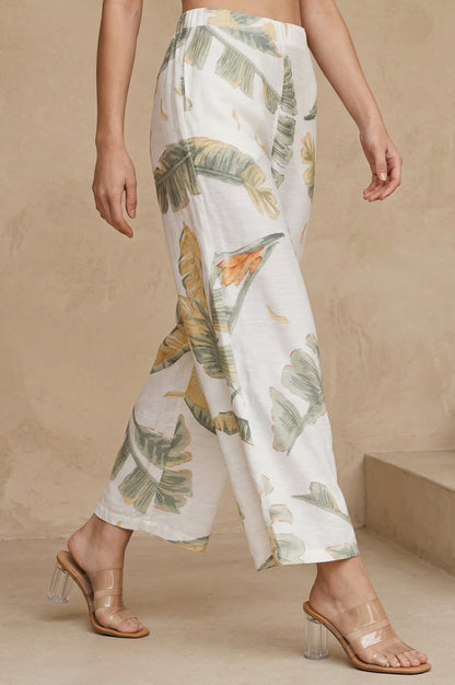 White Tropical Floral Printed Wide Leg Ankle Length Parallel Pants