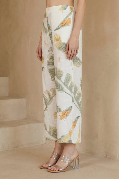 White Tropical Floral Printed Wide Leg Ankle Length Parallel Pants