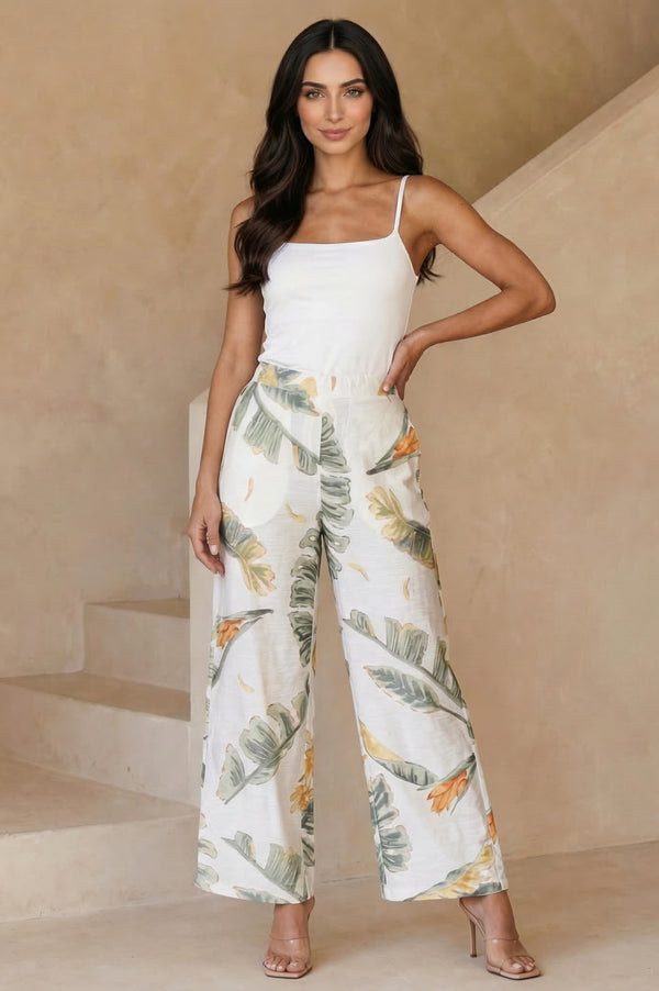 White Tropical Floral Printed Wide Leg Ankle Length Parallel Pants
