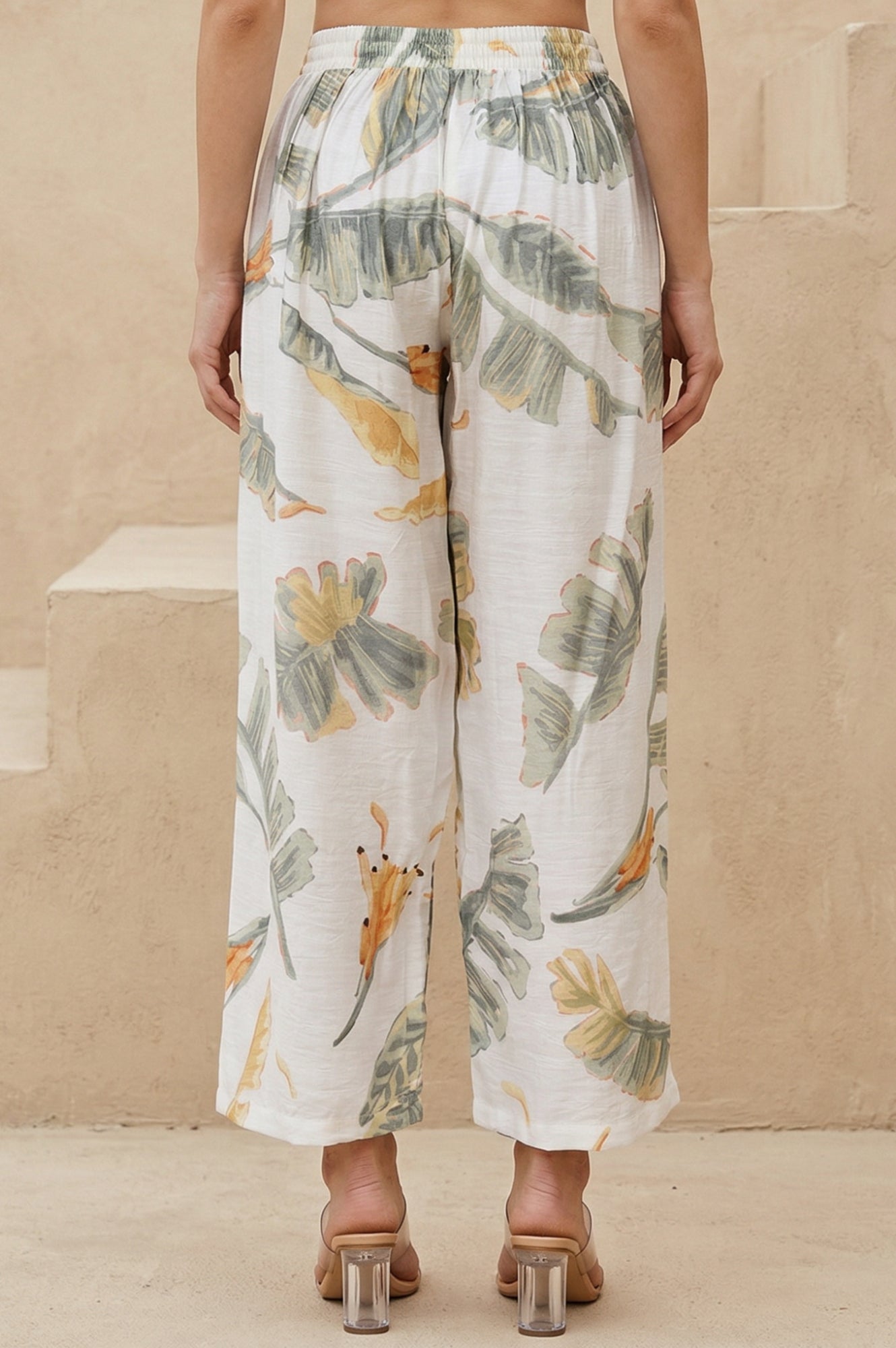 White Tropical Floral Printed Wide Leg Ankle Length Parallel Pants
