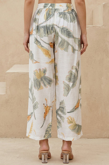 White Tropical Floral Printed Wide Leg Ankle Length Parallel Pants