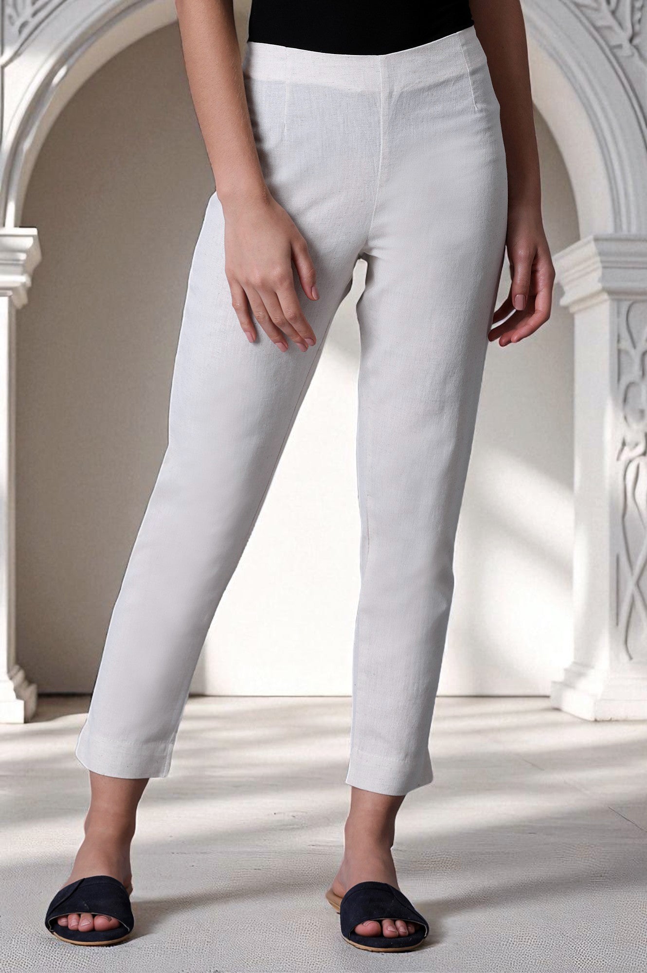 White Solid Mid-Rise Cotton Flax Slim Pants