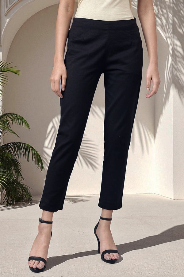Black Solid Mid-Rise Cotton Flax Slim Pants