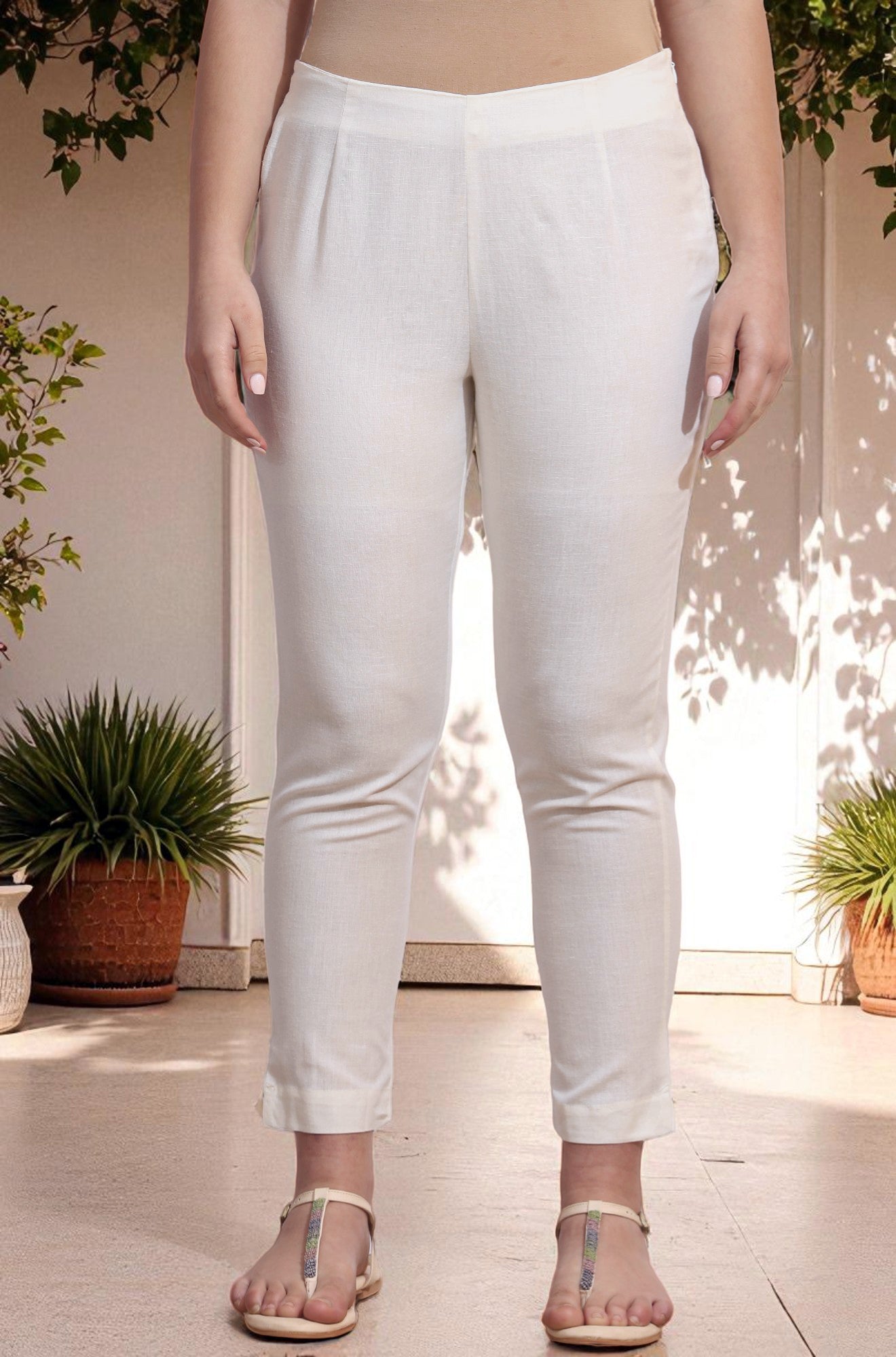 White Solid Mid-Rise Cotton Flax Slim Pants