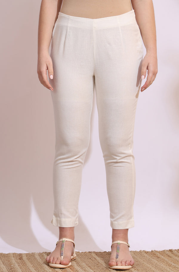 White Solid Mid-Rise Cotton Flax Slim Pants