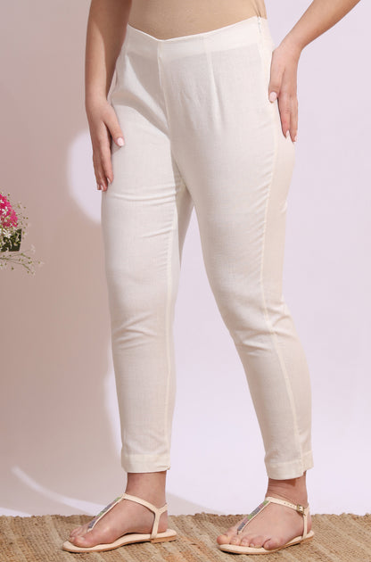 White Solid Mid-Rise Cotton Flax Slim Pants