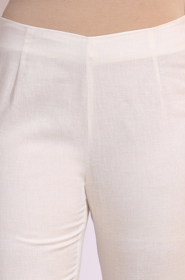 White Solid Mid-Rise Cotton Flax Slim Pants