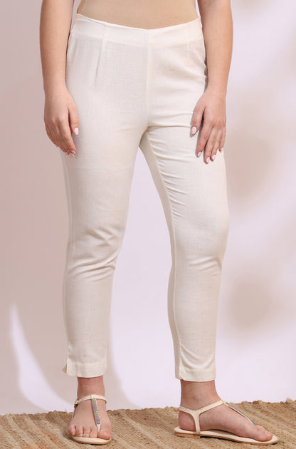 White Solid Mid-Rise Cotton Flax Slim Pants
