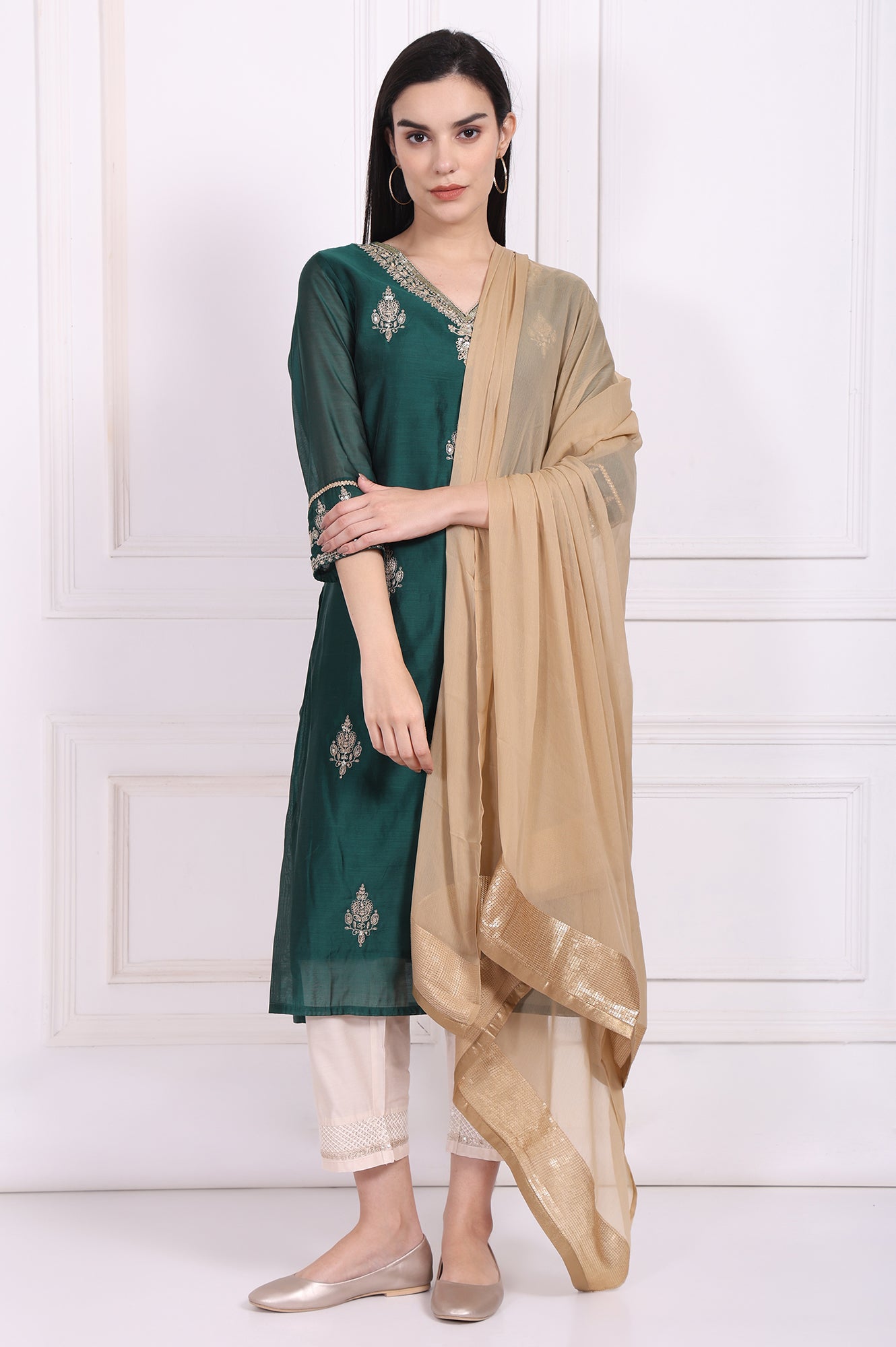 Gold Solid Sequined Chiffon Dupatta