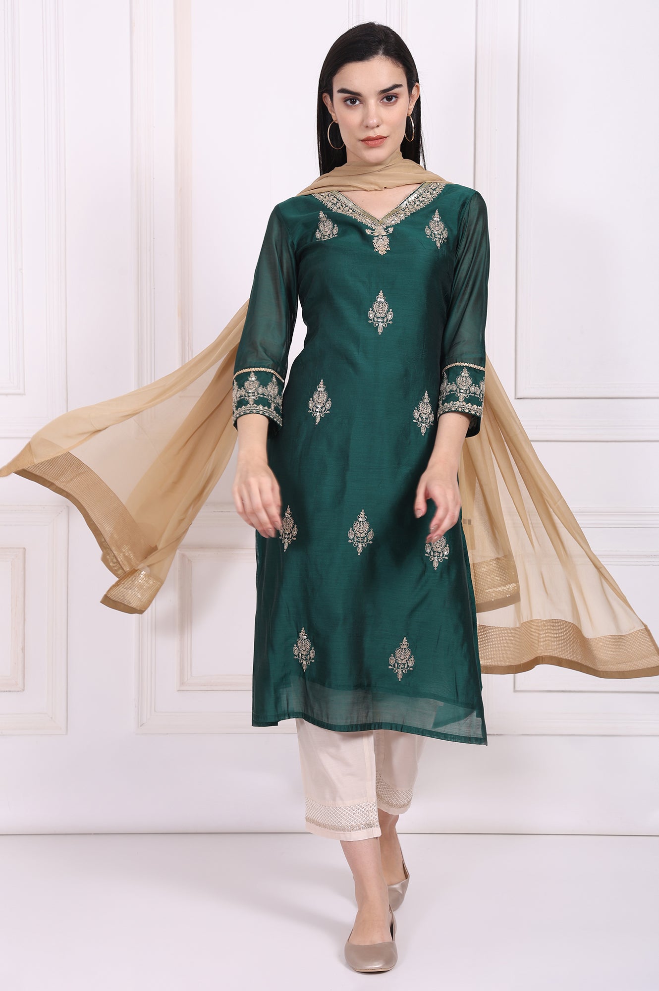 Gold Solid Sequined Chiffon Dupatta