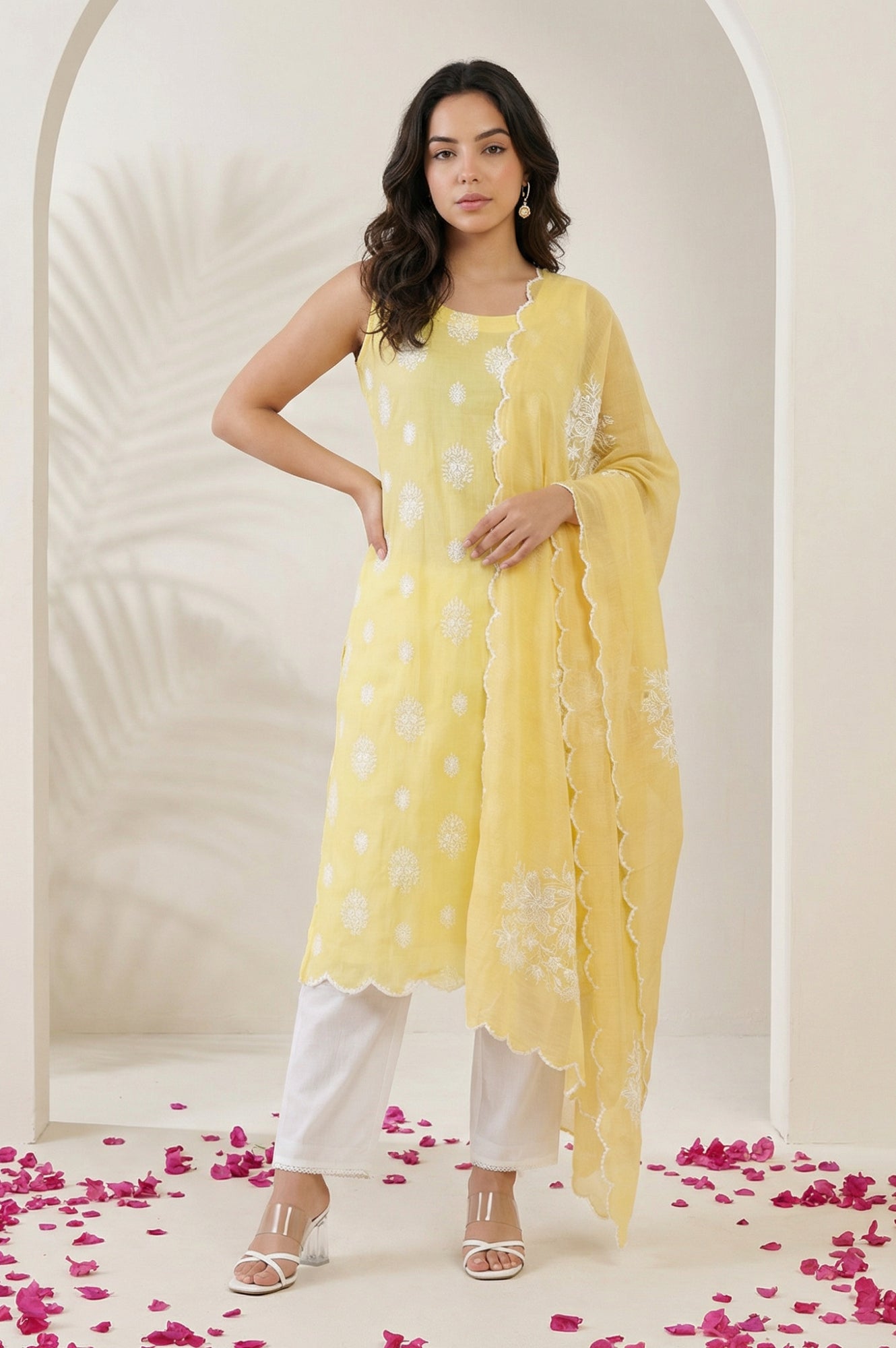 Yellow Cut Work Floral Printed Damini Dupatta
