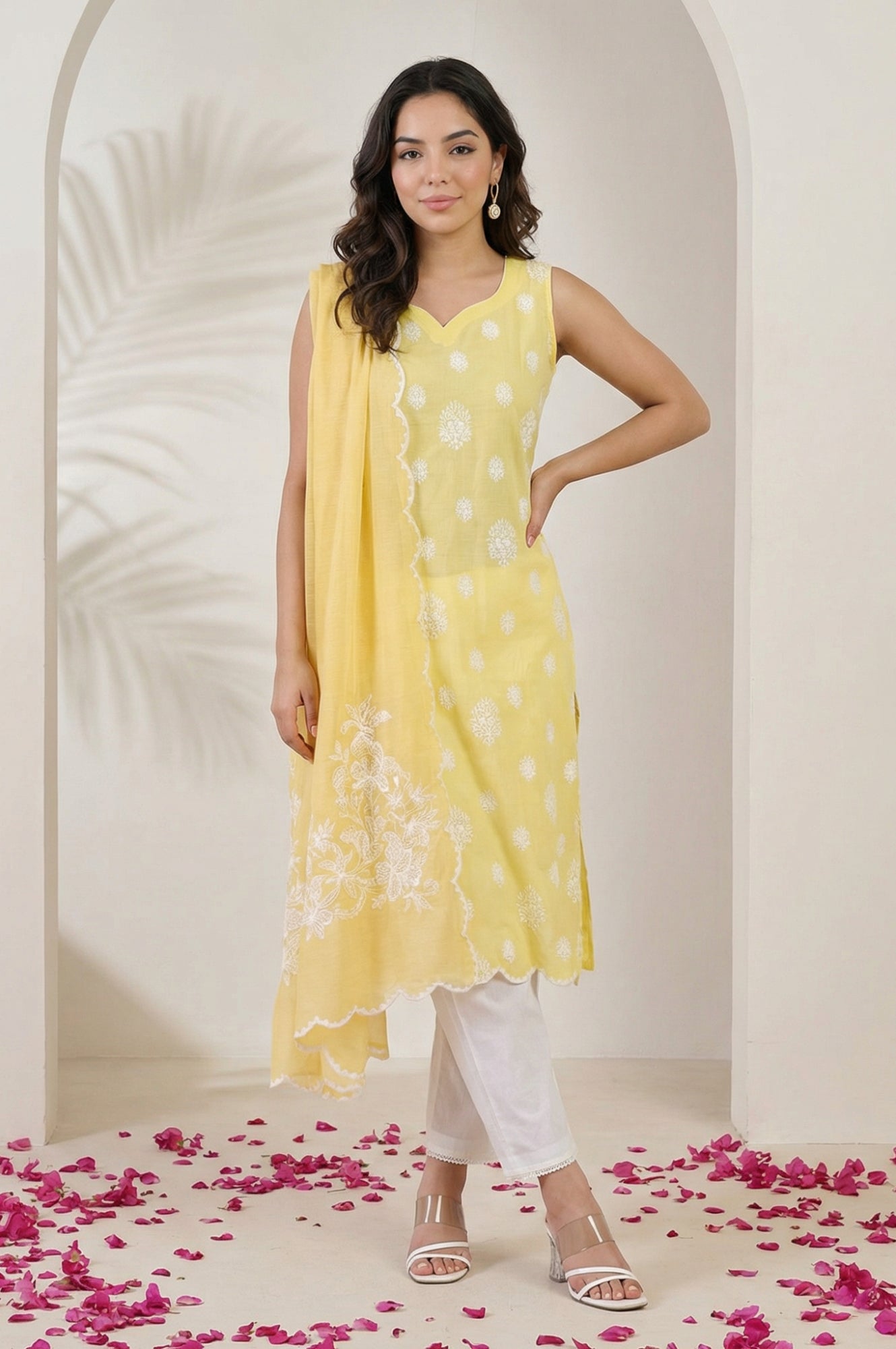 Yellow Cut Work Floral Printed Damini Dupatta