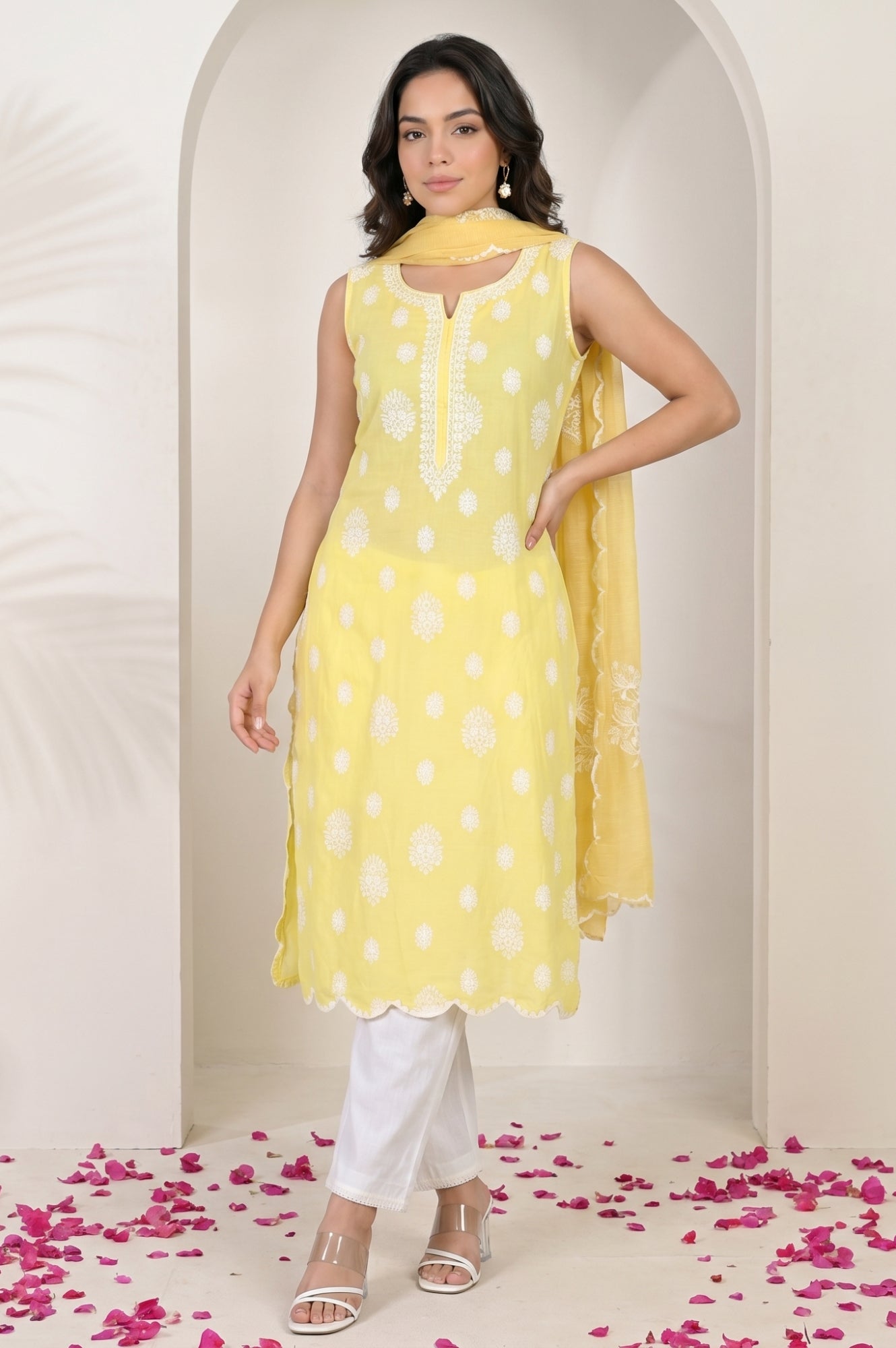 Yellow Cut Work Floral Printed Damini Dupatta