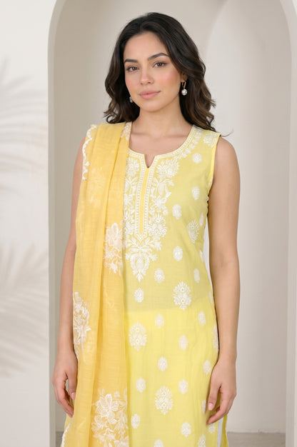Yellow Cut Work Floral Printed Damini Dupatta