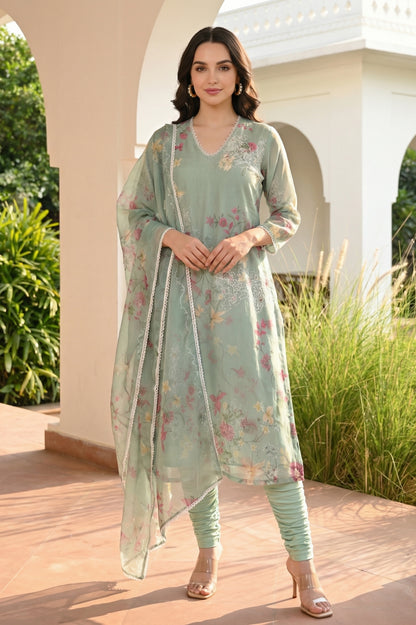 Green Floral Printed Lace Organza Dupatta