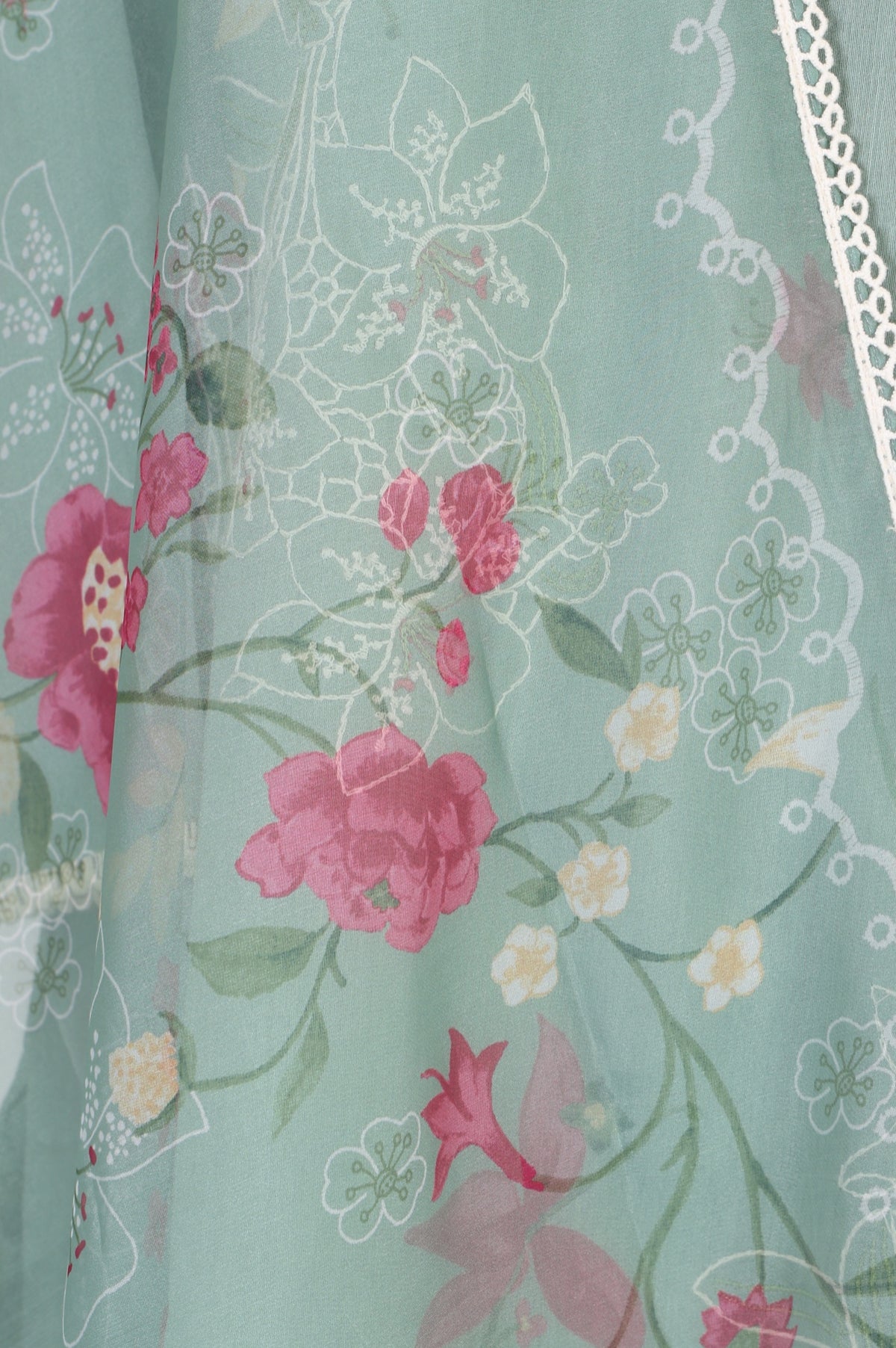 Green Floral Printed Lace Organza Dupatta