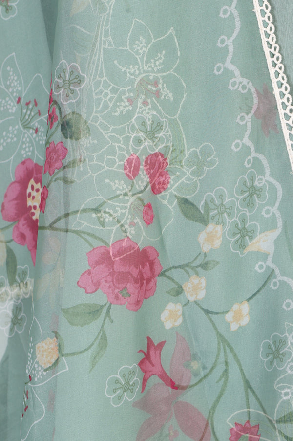 Green Floral Printed Lace Organza Dupatta