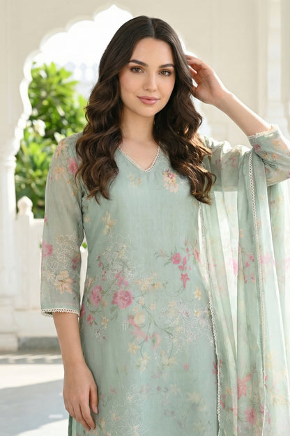 Green Floral Printed Lace Organza Dupatta