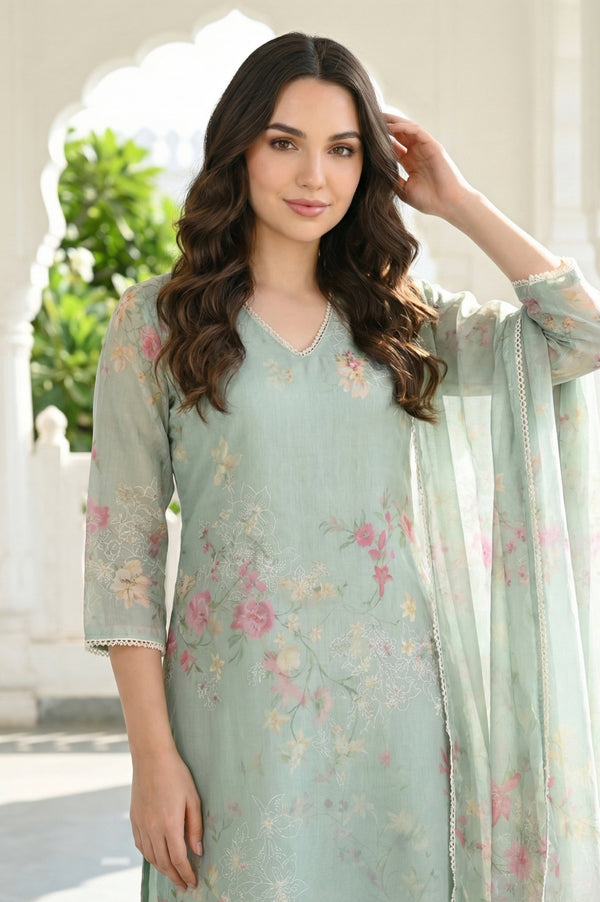Green Floral Printed Lace Organza Dupatta