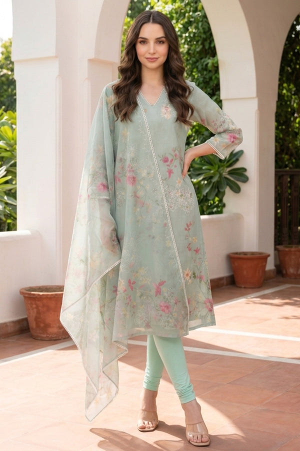 Green Floral Printed Lace Organza Dupatta