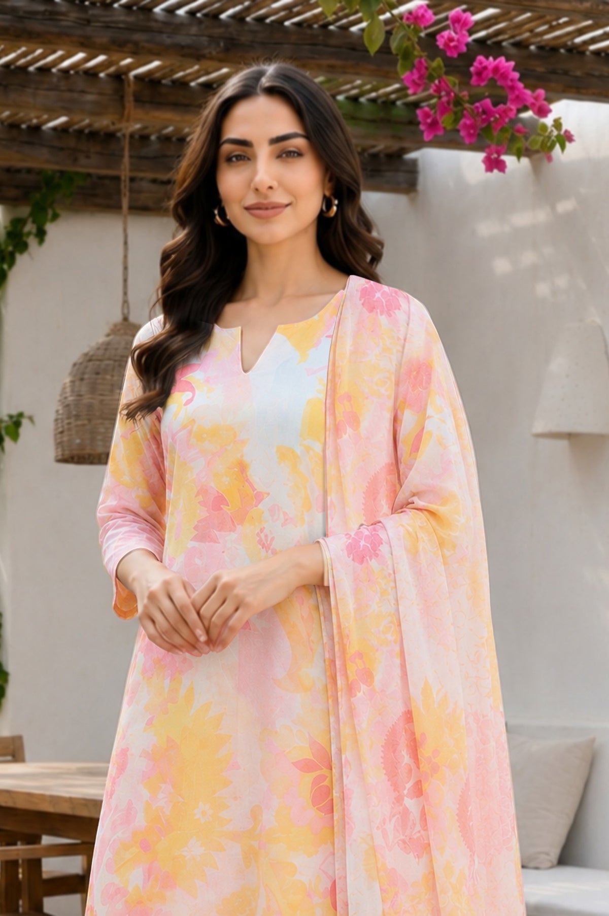 Multicolor Floral Printed Semi Sheer Dupatta - WFS
