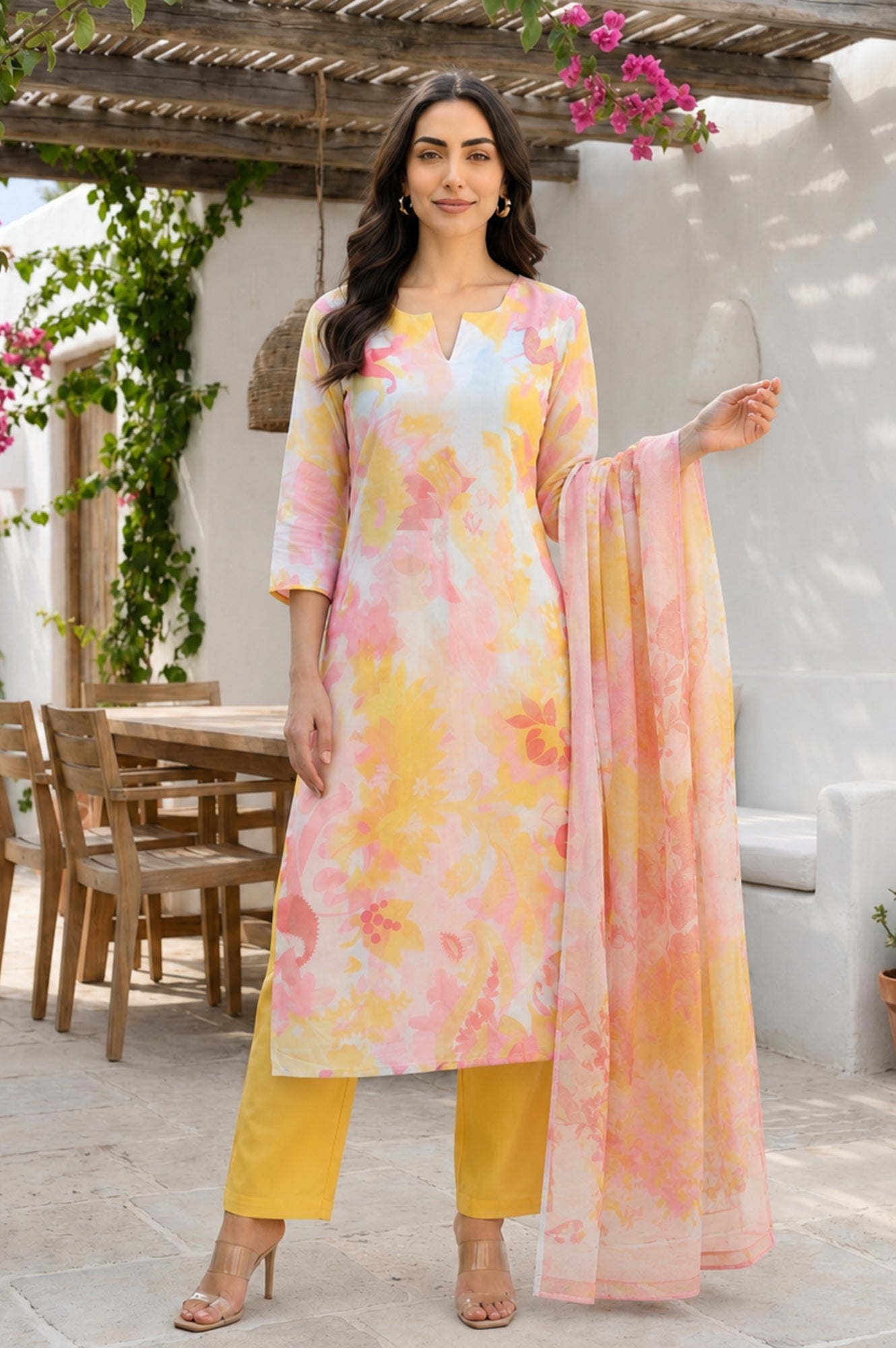 Multicolor Floral Printed Semi Sheer Dupatta