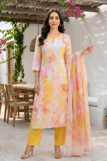 Multicolor Floral Printed Semi Sheer Dupatta